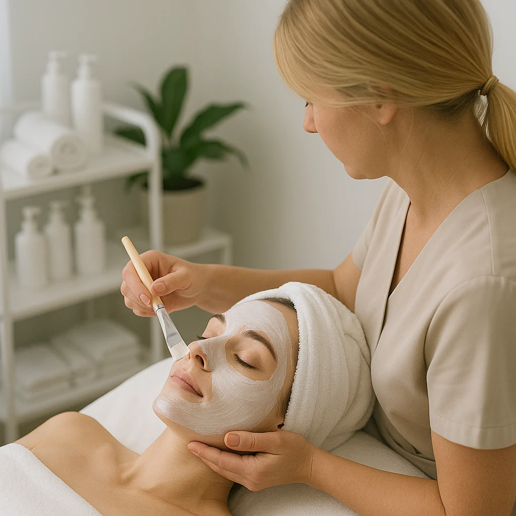 Kosmetikerin trägt Detox-Maske auf Gesicht der Kundin auf