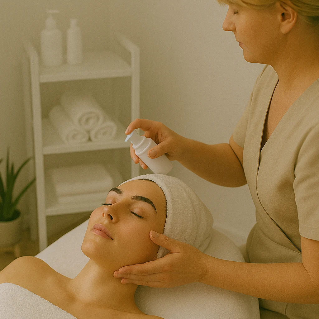 Kosmetikerin trägt Detox-Maske auf Gesicht der Kundin auf