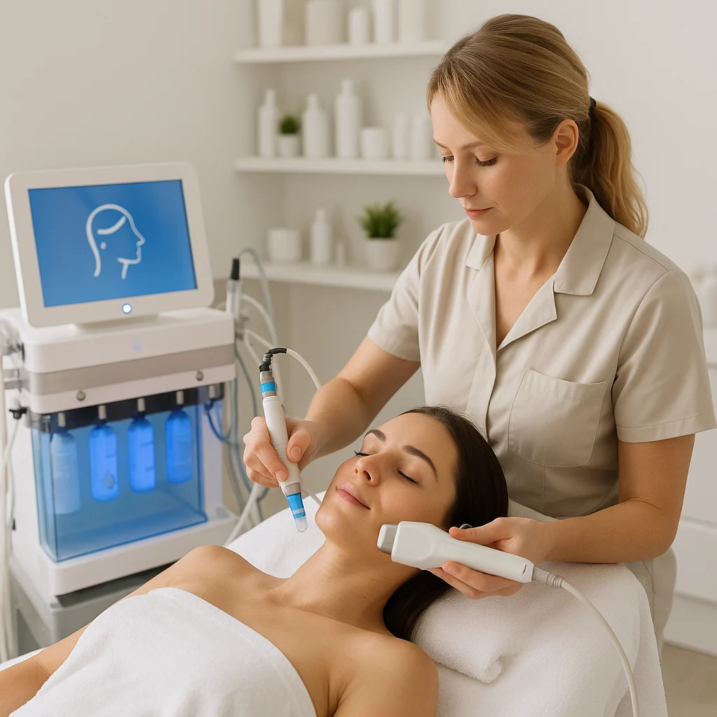 Kosmetikerin behandelt Gesicht der Kundin mit Hydrafacial- und Ultraschallgerät