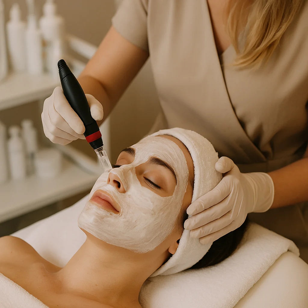 Kosmetikerin führt Microneedling bei Kundin mit Maske durch
