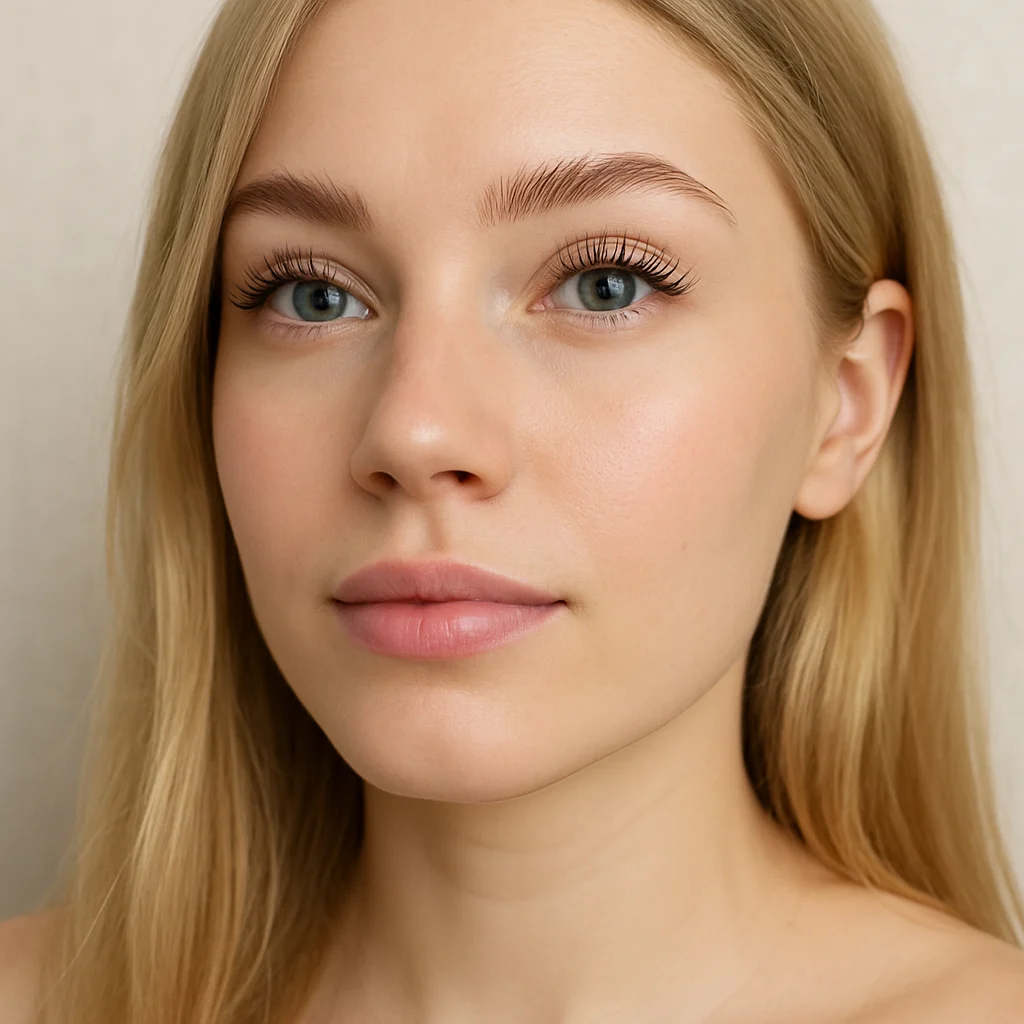 Nahaufnahme einer blonden Frau mit langen, geschwungenen Wimpern nach einer Wimpernverlängerung.