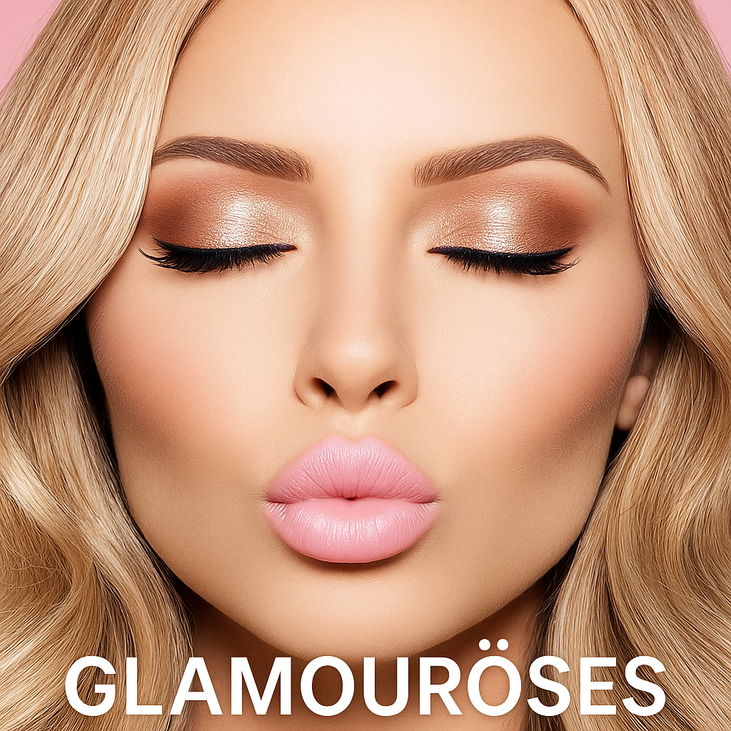 Glamouröses Make-up mit Goldschimmer, Lidstrich und rosafarbenen Lippen
