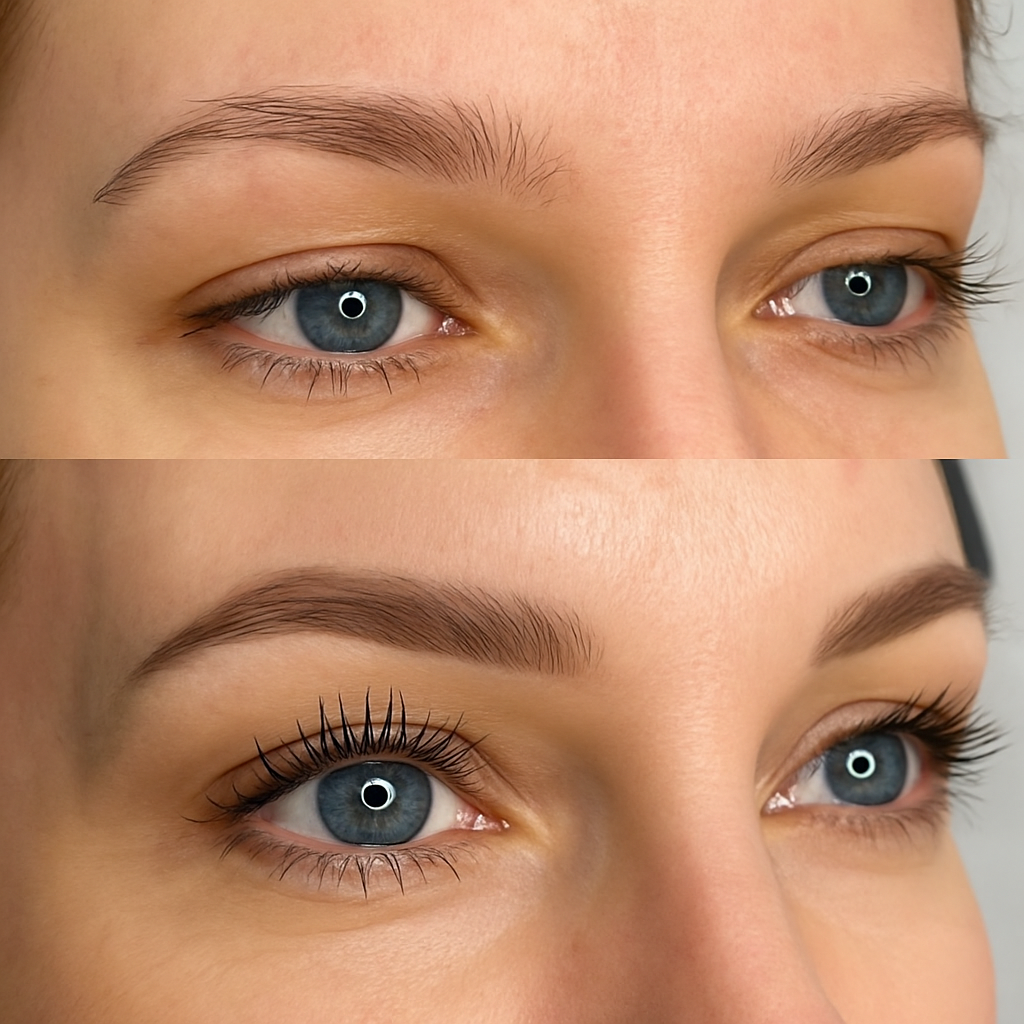 Perfektes Microblading Vorher-Nachher – natürlich geformte, volle Augenbrauen