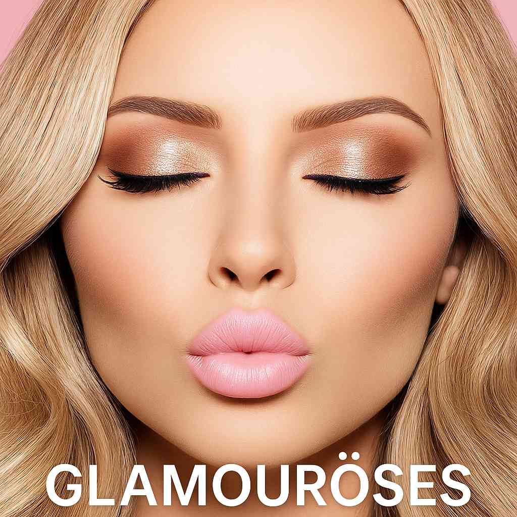 Glamouröses Make-up mit Goldschimmer, Lidstrich und rosafarbenen Lippen